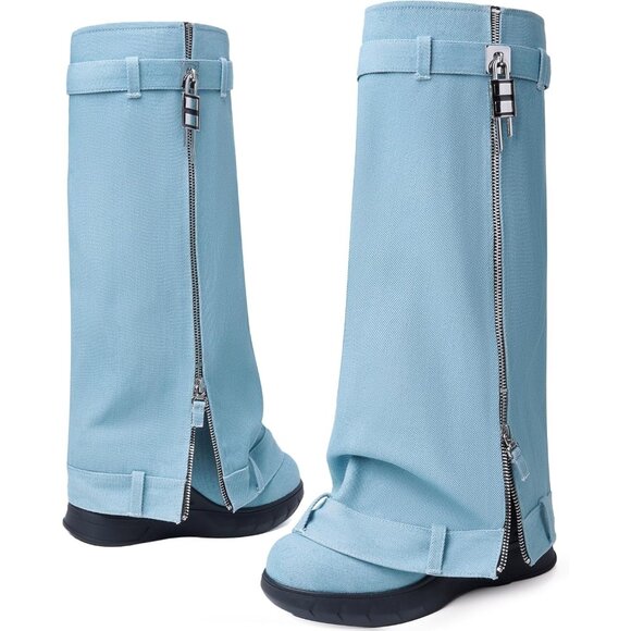 Women Denim Blue Pointy Pull-on Wedge Heel Knee Shark Padlock Design Shark Boot - Picture 5 of 6